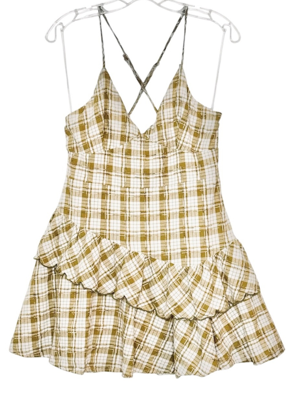 Mable Cotton Plaid Ruffled Tiered Spaghetti Strap Sundress Tan and White